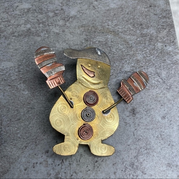 Whimsical Metal Snowman Brooch | Mixed Metal Holiday Pin - Picture 2 of 6